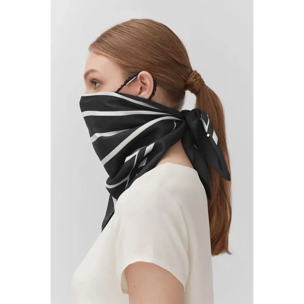 Cuyana Washable Silk Striped Bandana Scarf 23” - White and Black New